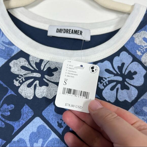 FREE PEOPLE NWT Hibiscus Shrunken Tank Top Coconut Girl Y2K Surf Tee Blue White - Picture 4 of 6